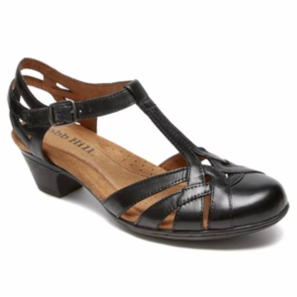 Rockport Cobb Hill Abbott Aubrey T-Strap Retro Ballet-core Leather Shoes Black 8